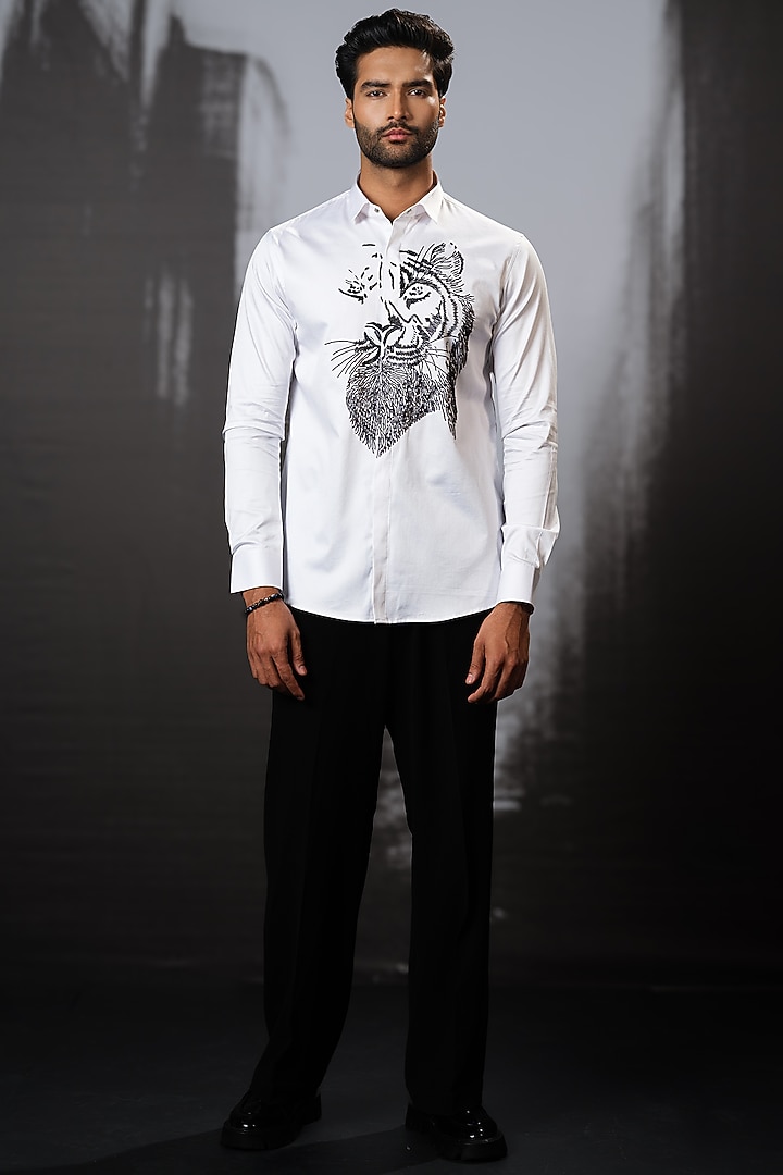 White Stretchable Cotton Hand Embroidered Party Wear Shirt by SANJANA REDDY MEN at Pernia's Pop Up Shop