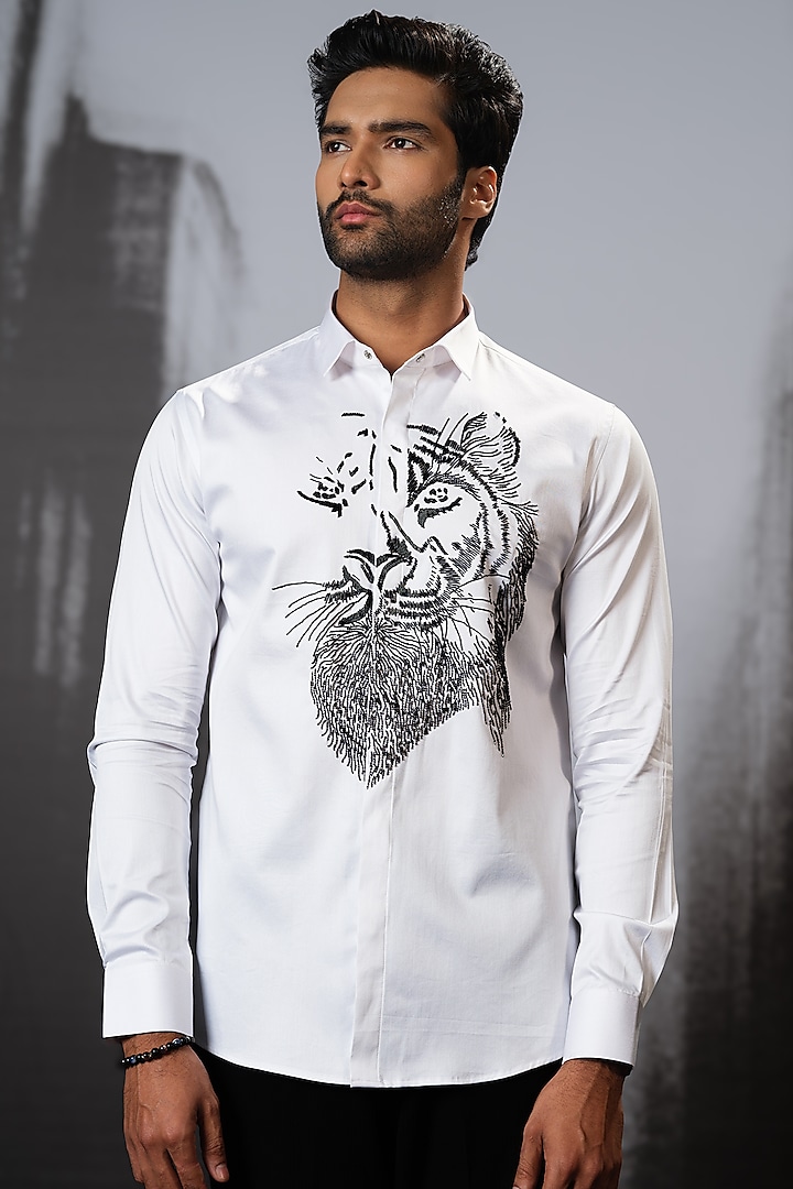 White Stretchable Cotton Hand Embroidered Shirt by SANJANA REDDY MEN