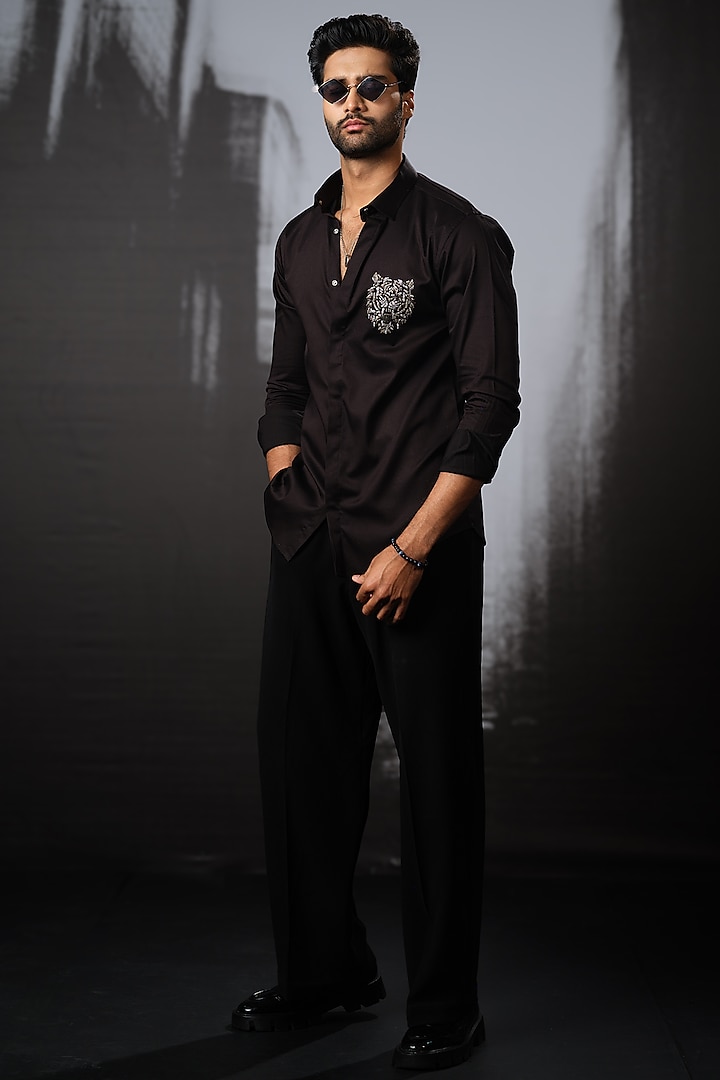 Black Stretchable Cotton Hand Embroidered Party Wear Shirt by SANJANA REDDY MEN at Pernia's Pop Up Shop