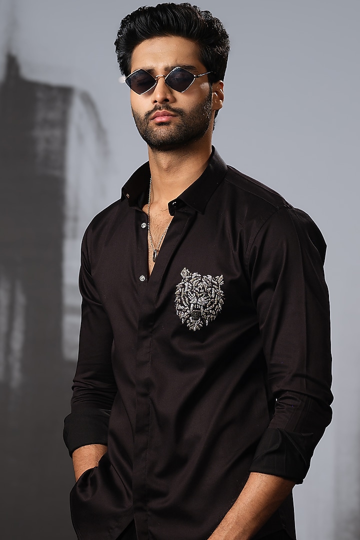 Black Stretchable Cotton Hand Embroidered Shirt by SANJANA REDDY MEN