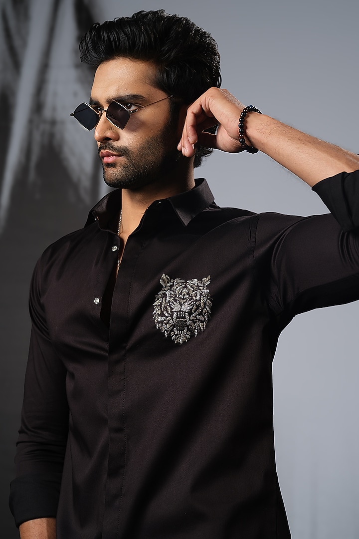 Black Stretchable Cotton Hand Embroidered Party Wear Shirt by SANJANA REDDY MEN at Pernia's Pop Up Shop