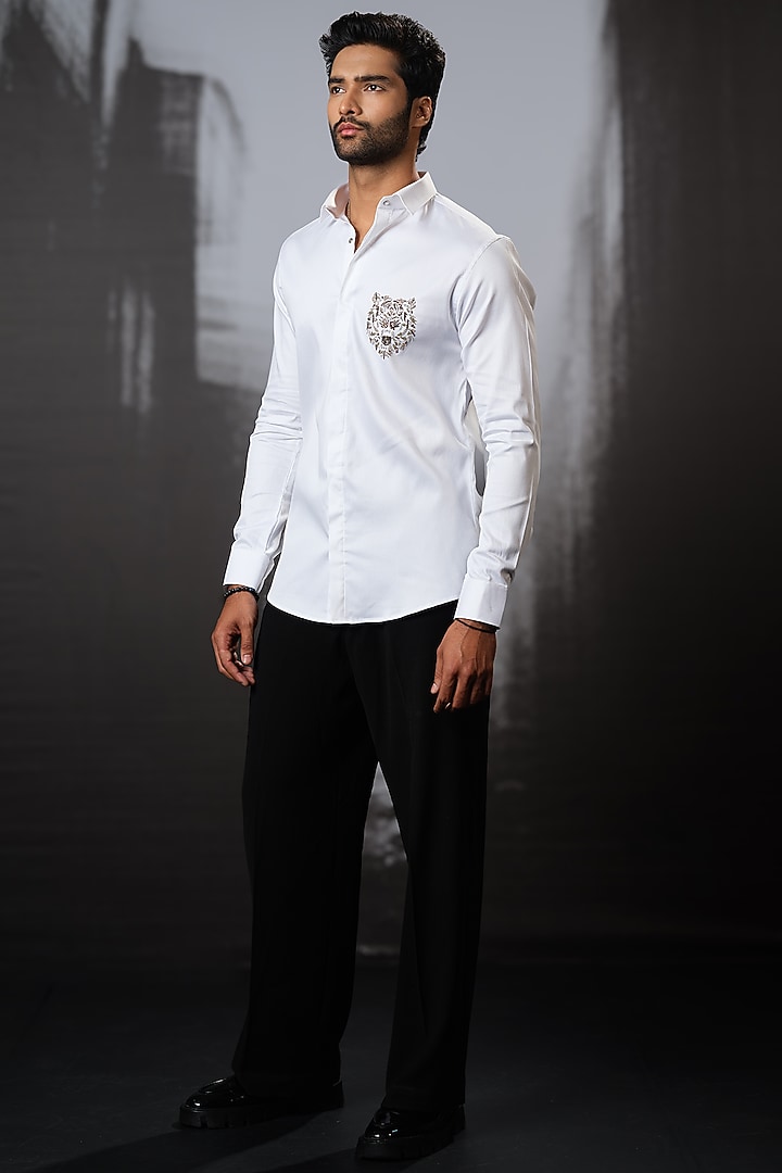 White Stretchable Cotton Hand Embroidered Party Wear Shirt by SANJANA REDDY MEN at Pernia's Pop Up Shop
