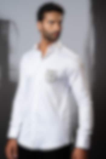 White Stretchable Cotton Hand Embroidered Shirt by SANJANA REDDY MEN