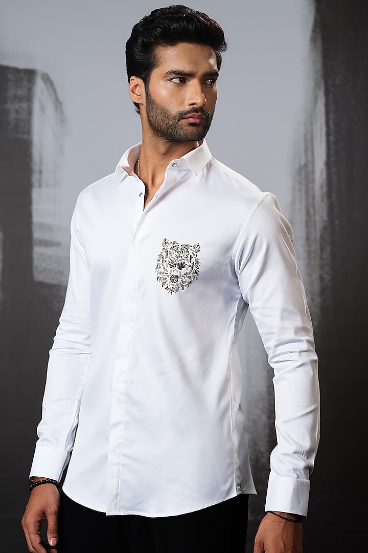 White Stretchable Cotton Hand Embroidered Shirt by SANJANA REDDY MEN at Pernia's Pop Up Shop