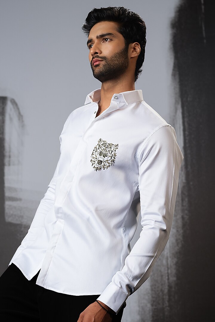 White Stretchable Cotton Hand Embroidered Party Wear Shirt by SANJANA REDDY MEN at Pernia's Pop Up Shop