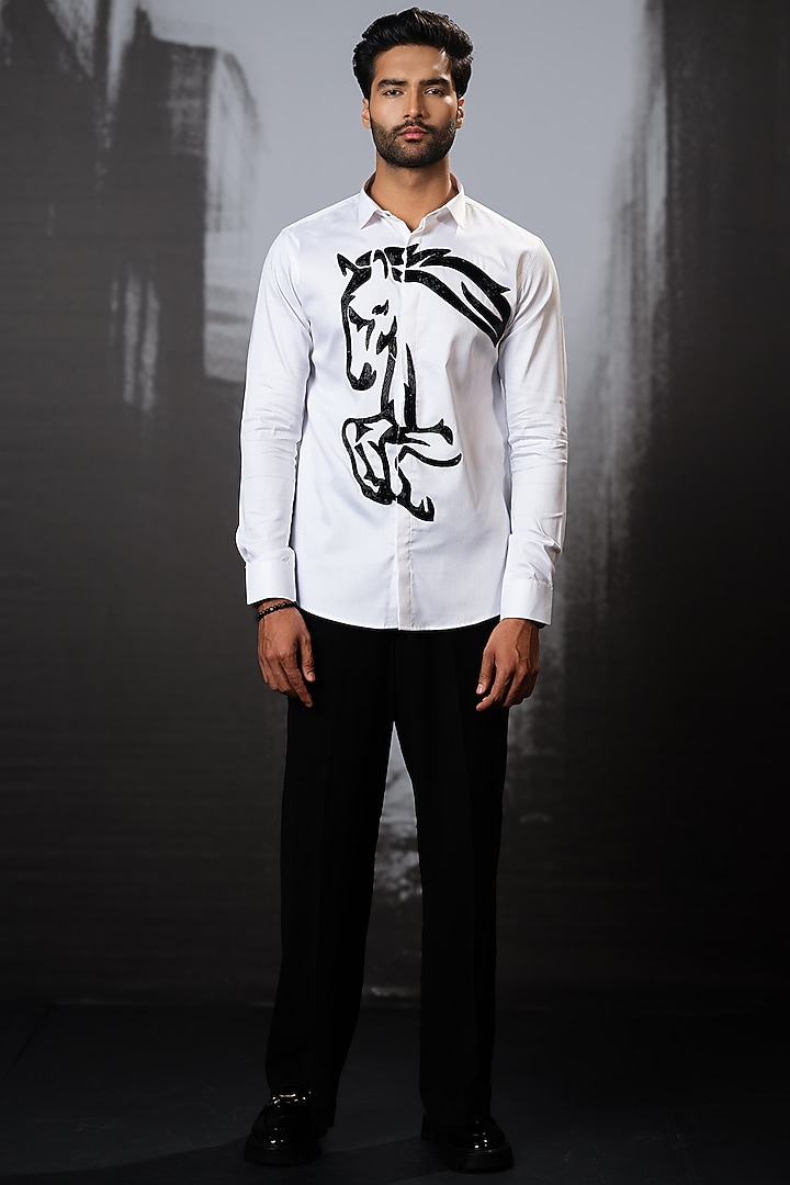 White Stretchable Cotton Hand Embroidered Party Wear Shirt by SANJANA REDDY MEN at Pernia's Pop Up Shop