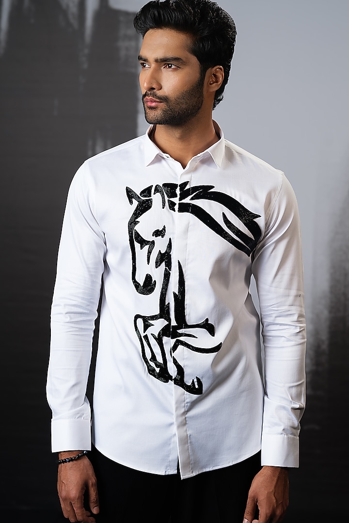 White Stretchable Cotton Hand Embroidered Shirt by SANJANA REDDY MEN