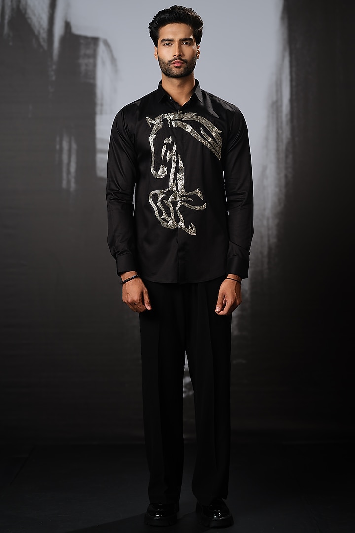 Black Stretchable Cotton Hand Embroidered Party Wear Shirt by SANJANA REDDY MEN at Pernia's Pop Up Shop