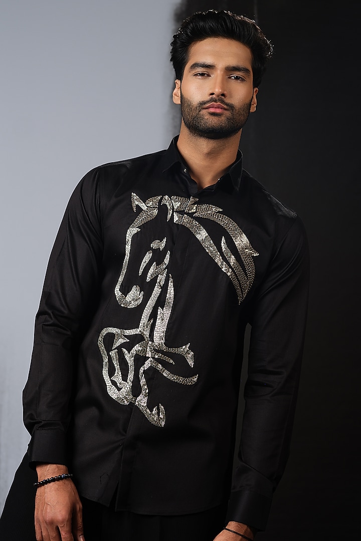 Black Stretchable Cotton Hand Embroidered Shirt by SANJANA REDDY MEN at Pernia's Pop Up Shop