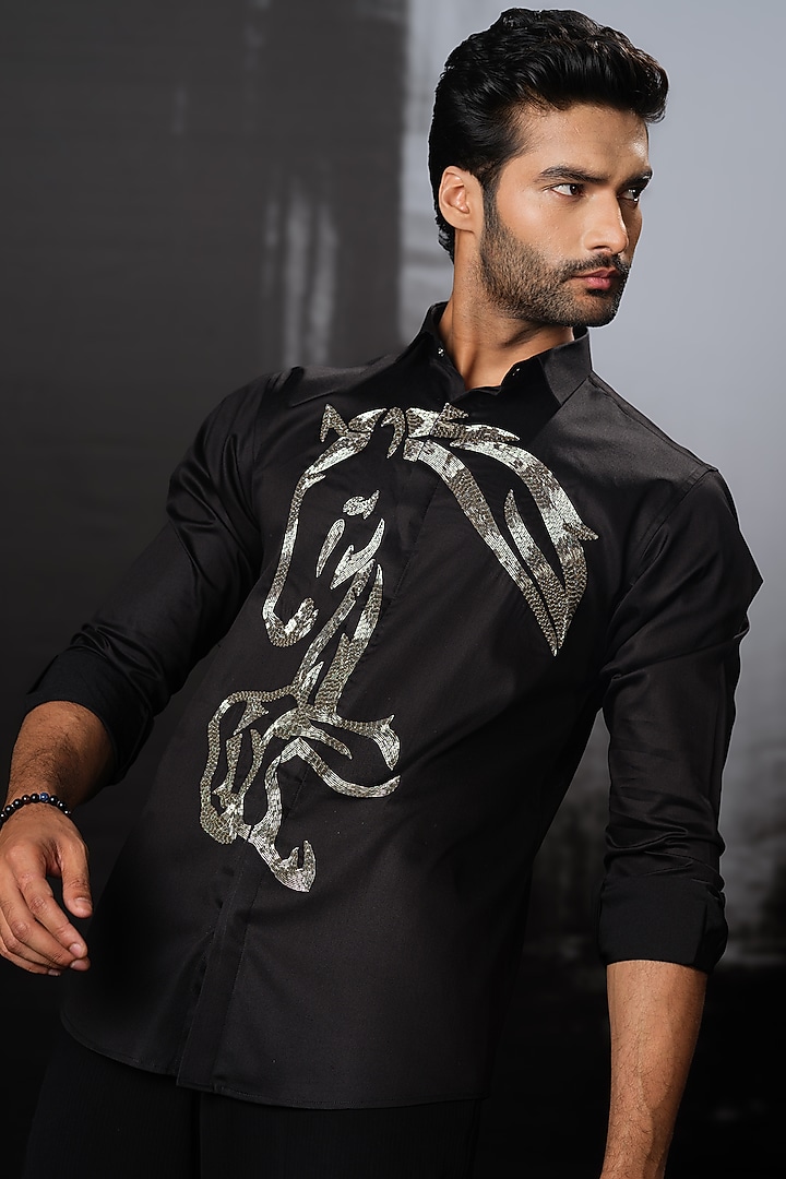 Black Stretchable Cotton Hand Embroidered Party Wear Shirt by SANJANA REDDY MEN at Pernia's Pop Up Shop