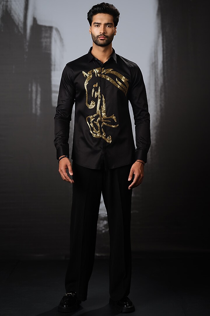Black Stretchable Cotton Hand Embroidered Party Wear Shirt by SANJANA REDDY MEN at Pernia's Pop Up Shop
