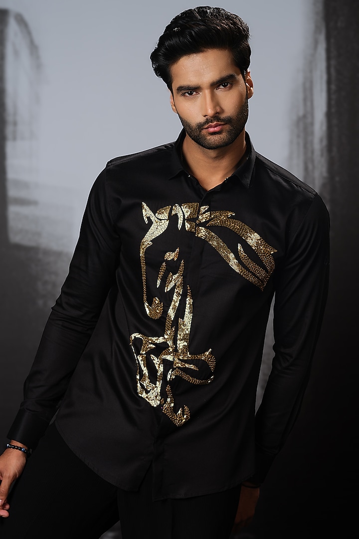 Black Stretchable Cotton Hand Embroidered Shirt by SANJANA REDDY MEN at Pernia's Pop Up Shop