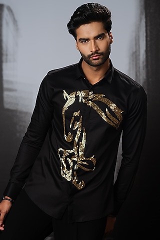 Black Stretchable Cotton Hand Embroidered Shirt by SANJANA REDDY MEN
