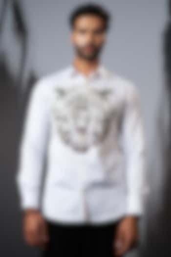 White Stretchable Cotton Hand Embroidered Shirt by SANJANA REDDY MEN at Pernia's Pop Up Shop