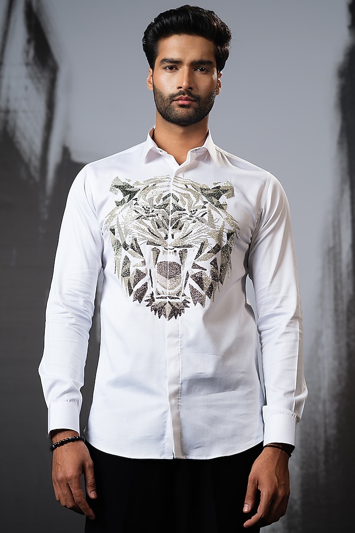 White Stretchable Cotton Hand Embroidered Shirt by SANJANA REDDY MEN