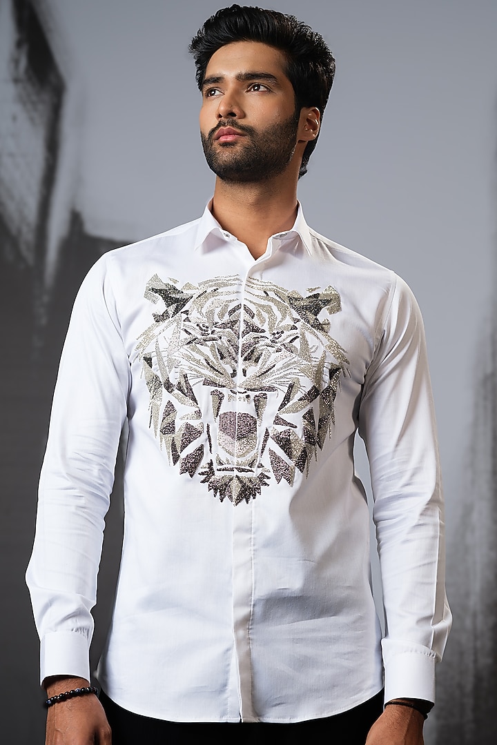White Stretchable Cotton Hand Embroidered Wedding Shirt by SANJANA REDDY MEN at Pernia's Pop Up Shop