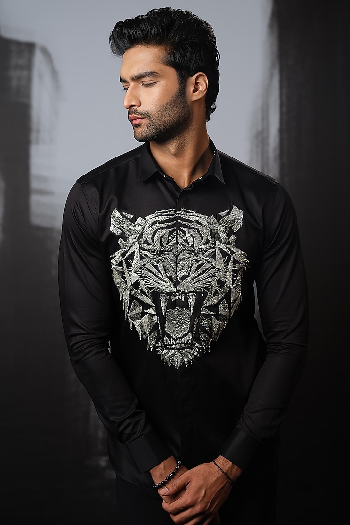 Black Stretchable Cotton Hand Embroidered Wedding Shirt by SANJANA REDDY MEN at Pernia's Pop Up Shop