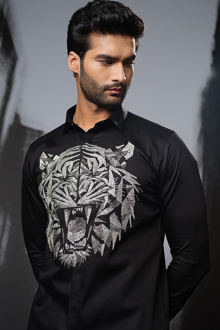 Black Stretchable Cotton Hand Embroidered Wedding Shirt by SANJANA REDDY MEN at Pernia's Pop Up Shop