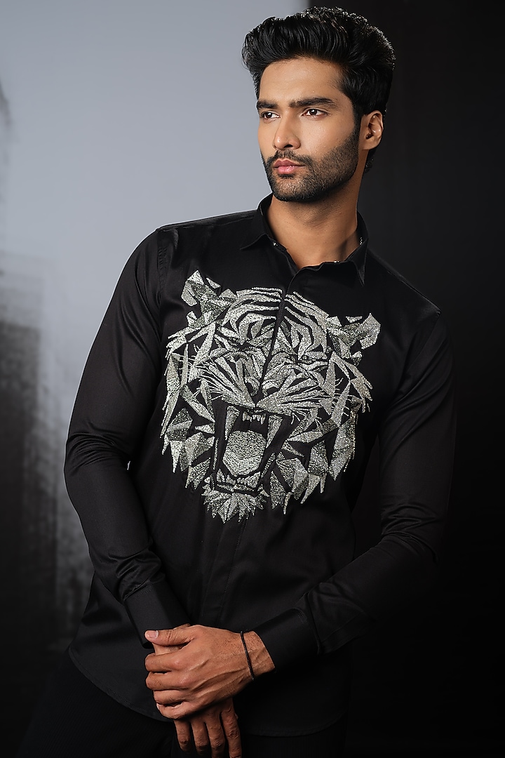 Black Stretchable Cotton Hand Embroidered Shirt by SANJANA REDDY MEN