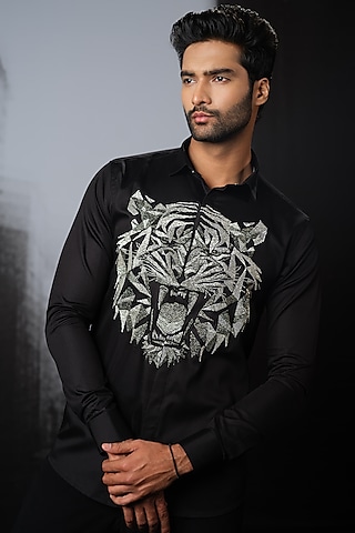 Black Stretchable Cotton Hand Embroidered Shirt by SANJANA REDDY MEN