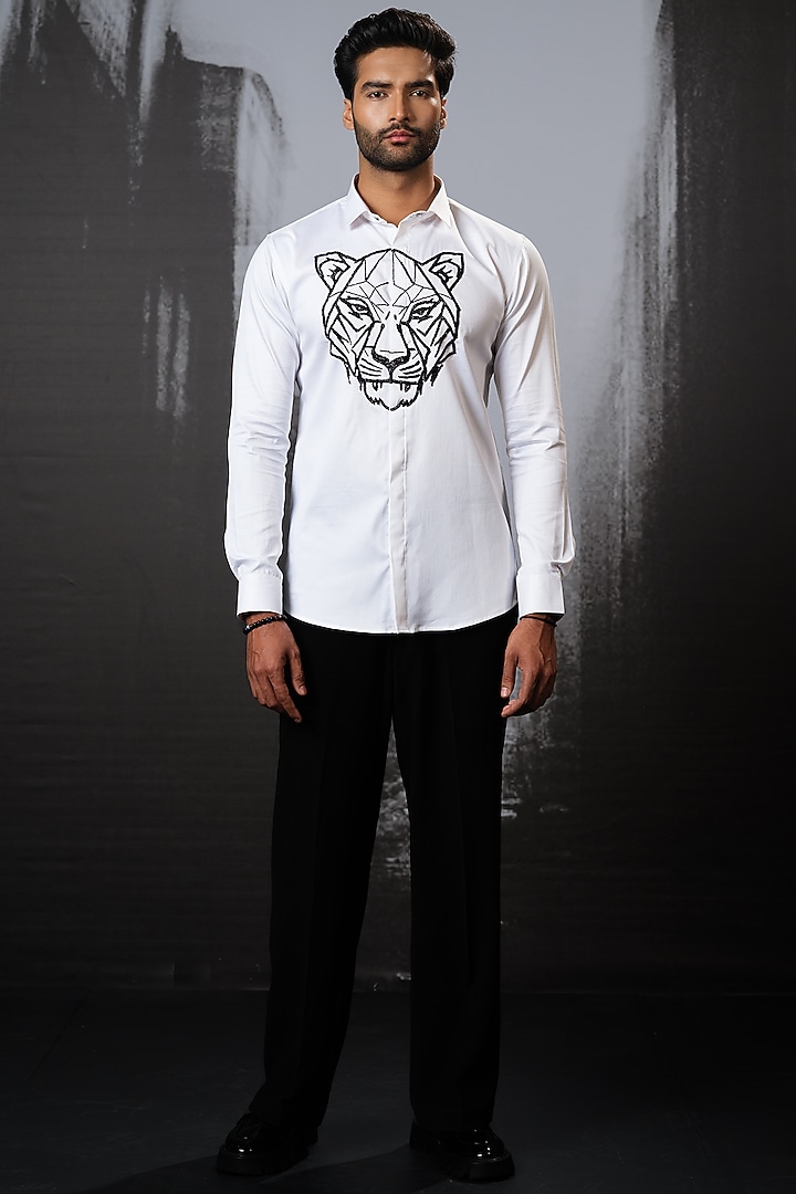 White Stretchable Cotton Hand Embroidered Party Wear Shirt by SANJANA REDDY MEN at Pernia's Pop Up Shop