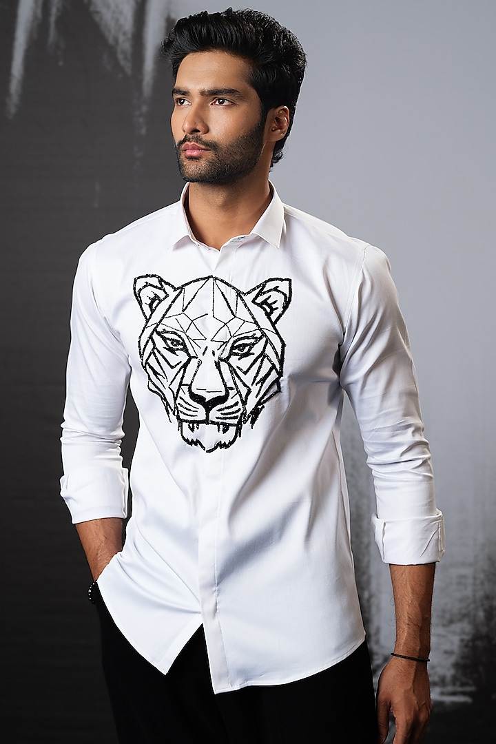 White Stretchable Cotton Hand Embroidered Shirt by SANJANA REDDY MEN