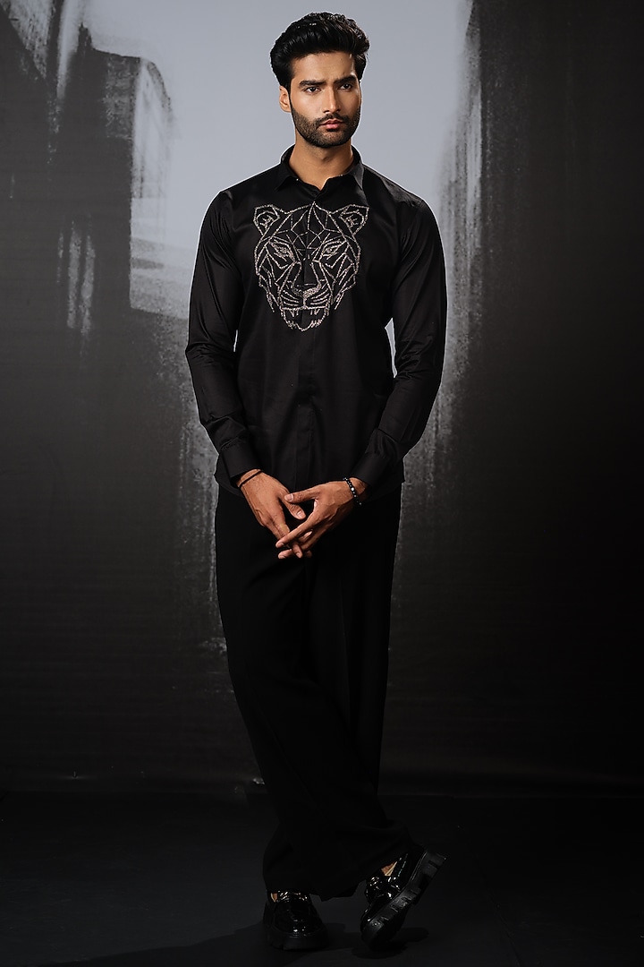 Black Stretchable Cotton Hand Embroidered Party Wear Shirt by SANJANA REDDY MEN at Pernia's Pop Up Shop