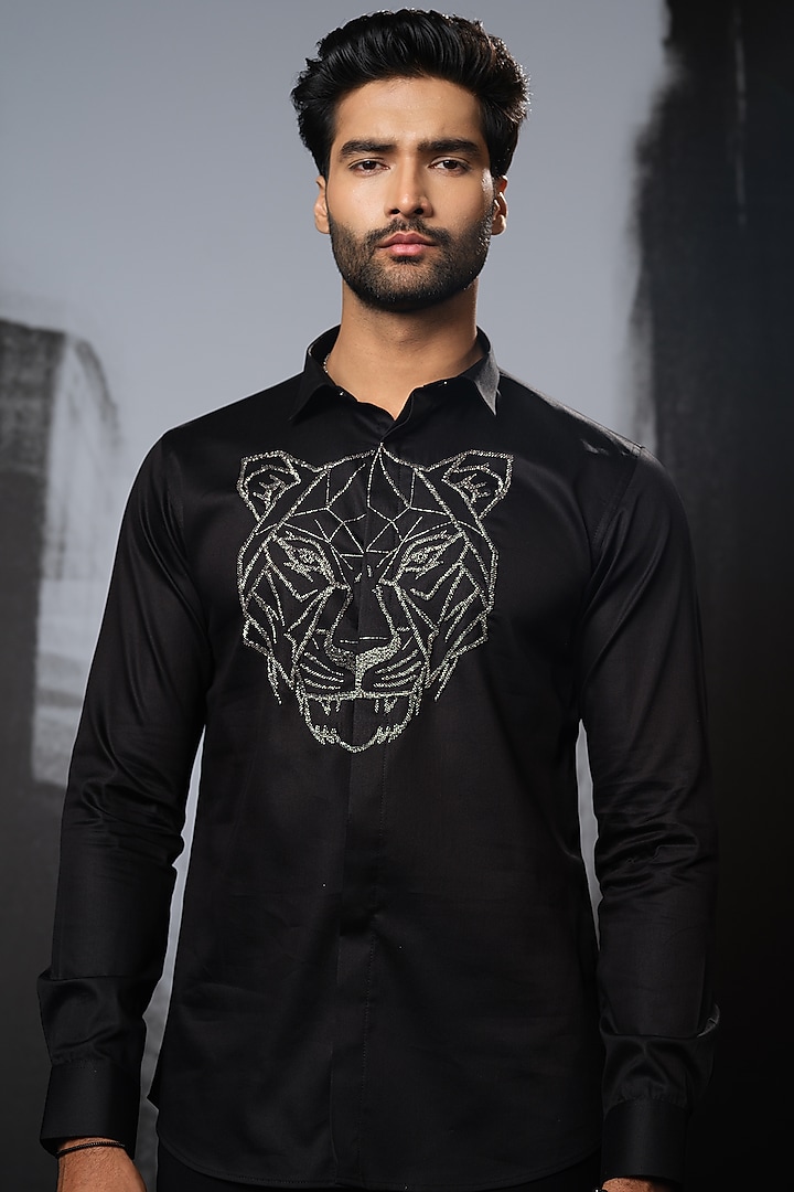 Black Stretchable Cotton Hand Embroidered Party Wear Shirt by SANJANA REDDY MEN at Pernia's Pop Up Shop