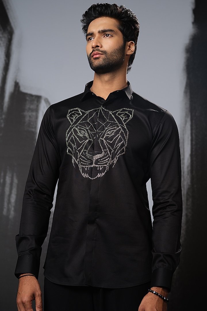 Black Stretchable Cotton Hand Embroidered Shirt by SANJANA REDDY MEN