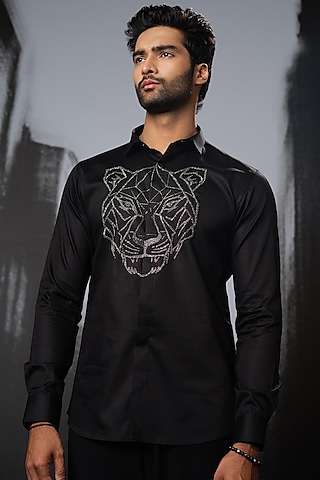 Black Stretchable Cotton Hand Embroidered Shirt by SANJANA REDDY MEN