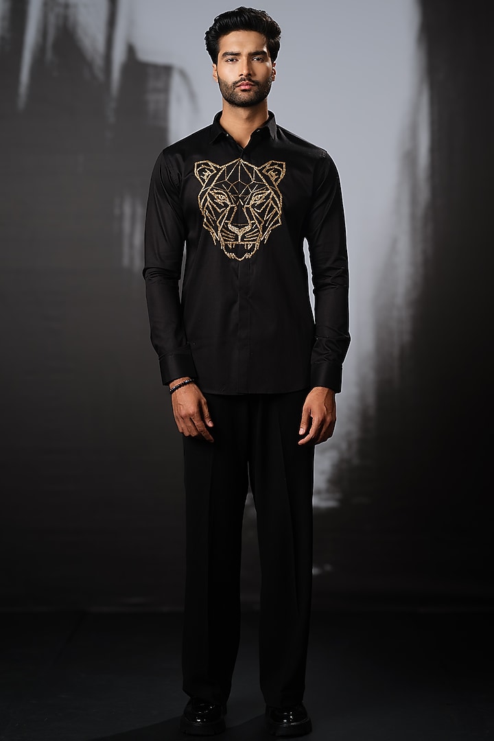 Black Stretchable Cotton Hand Embroidered Party Wear Shirt by SANJANA REDDY MEN at Pernia's Pop Up Shop
