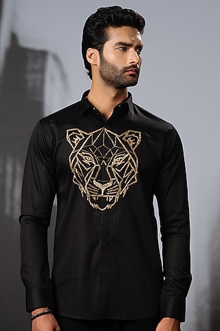 Black Stretchable Cotton Hand Embroidered Shirt by SANJANA REDDY MEN