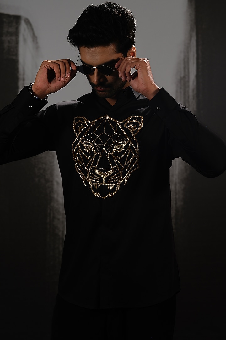 Black Stretchable Cotton Hand Embroidered Party Wear Shirt by SANJANA REDDY MEN at Pernia's Pop Up Shop