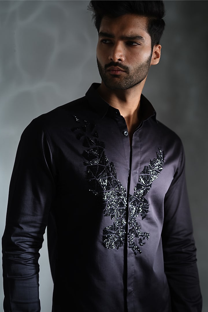 Black Cotton Embroidered Shirt by SANJANA REDDY MEN