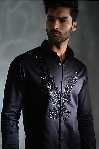 Black Cotton Embroidered Shirt by SANJANA REDDY MEN