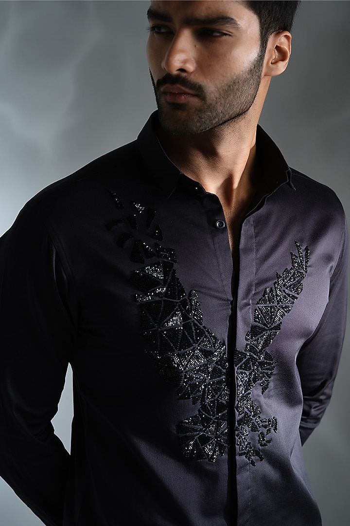 Black Cotton Embroidered Party Wear Shirt by SANJANA REDDY MEN at Pernia's Pop Up Shop
