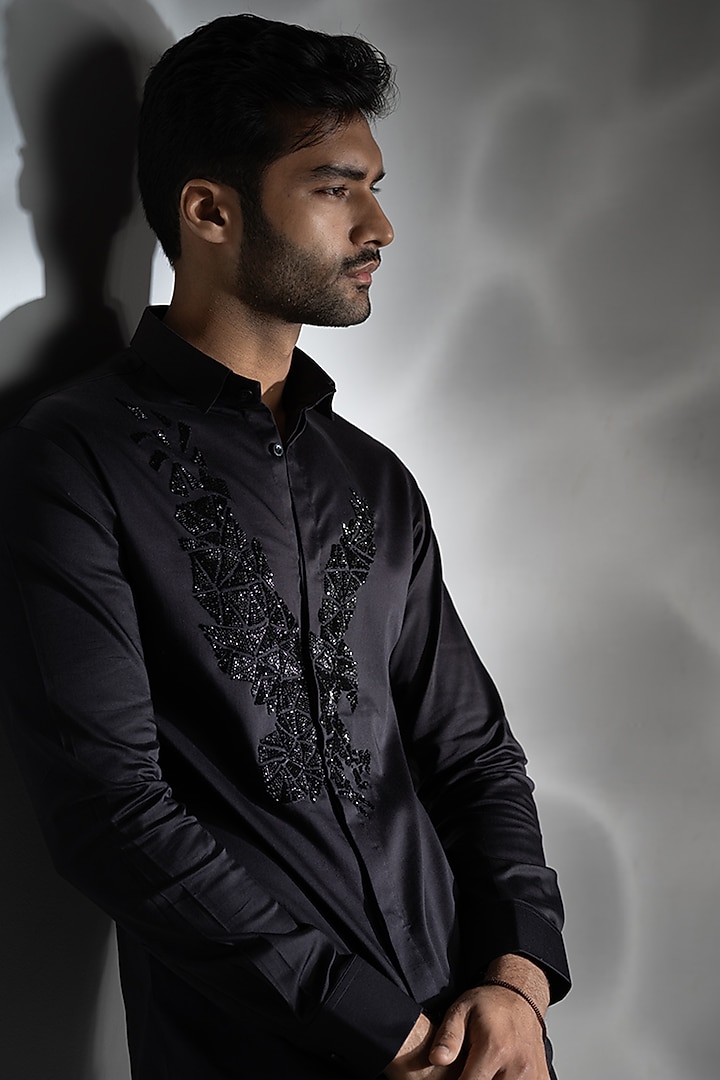 Black Cotton Embroidered Party Wear Shirt by SANJANA REDDY MEN at Pernia's Pop Up Shop
