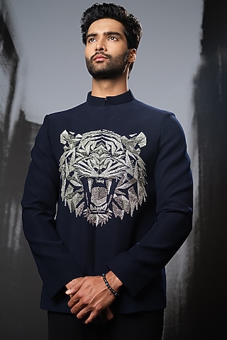Navy Blue Poly Italian Fabric Hand Embroidered Bandhgala Set by SANJANA REDDY MEN