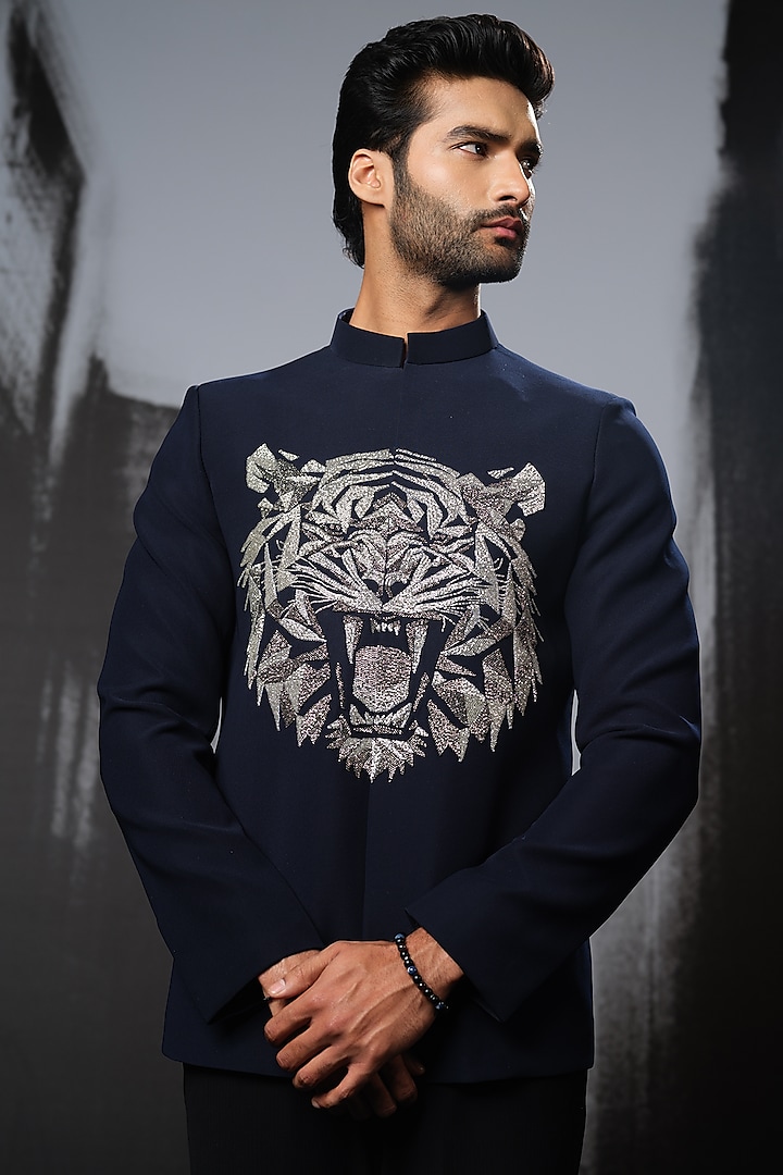 Navy Blue Poly Italian Fabric Hand Embroidered Wedding Bandhgala Set by SANJANA REDDY MEN at Pernia's Pop Up Shop