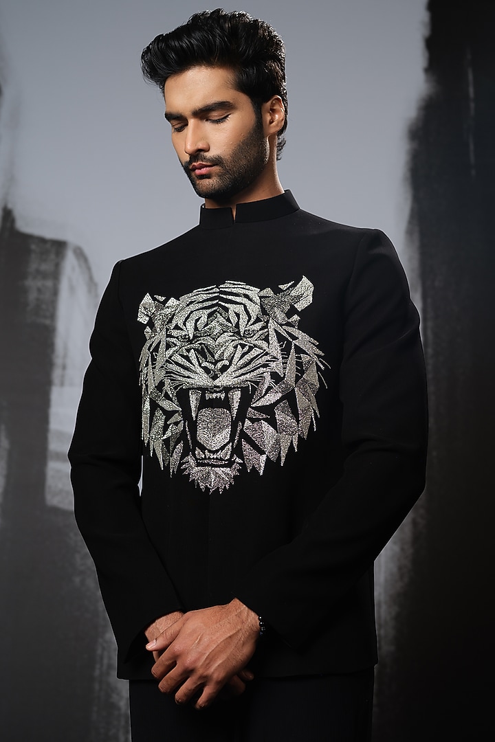 Black Poly Italian Fabric Hand Embroidered Wedding Bandhgala Set by SANJANA REDDY MEN at Pernia's Pop Up Shop