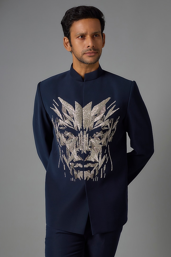 Navy Blue Poly Italian Hand Embroidered Bandhgala Set by SANJANA REDDY MEN at Pernia's Pop Up Shop