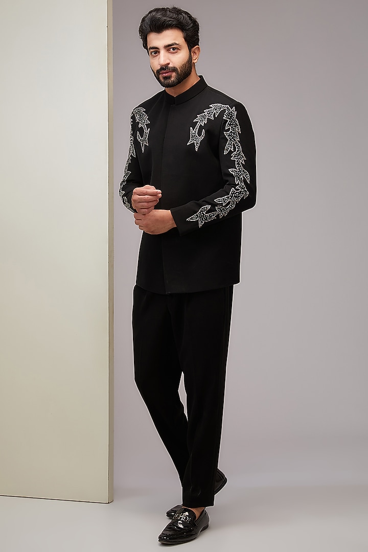 Black Poly Italian Fabric Cutdana Embroidered Bandhgala Set by SANJANA REDDY MEN at Pernia's Pop Up Shop