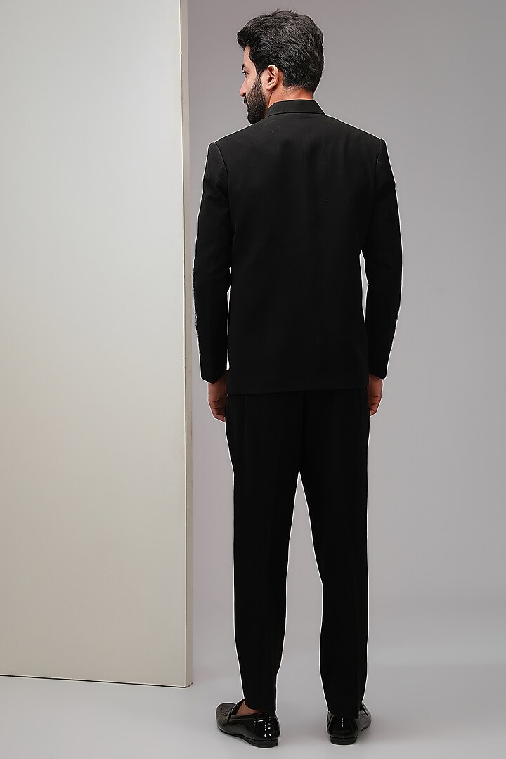 Black Poly Italian Fabric Cutdana Embroidered Bandhgala Set by SANJANA REDDY MEN at Pernia's Pop Up Shop