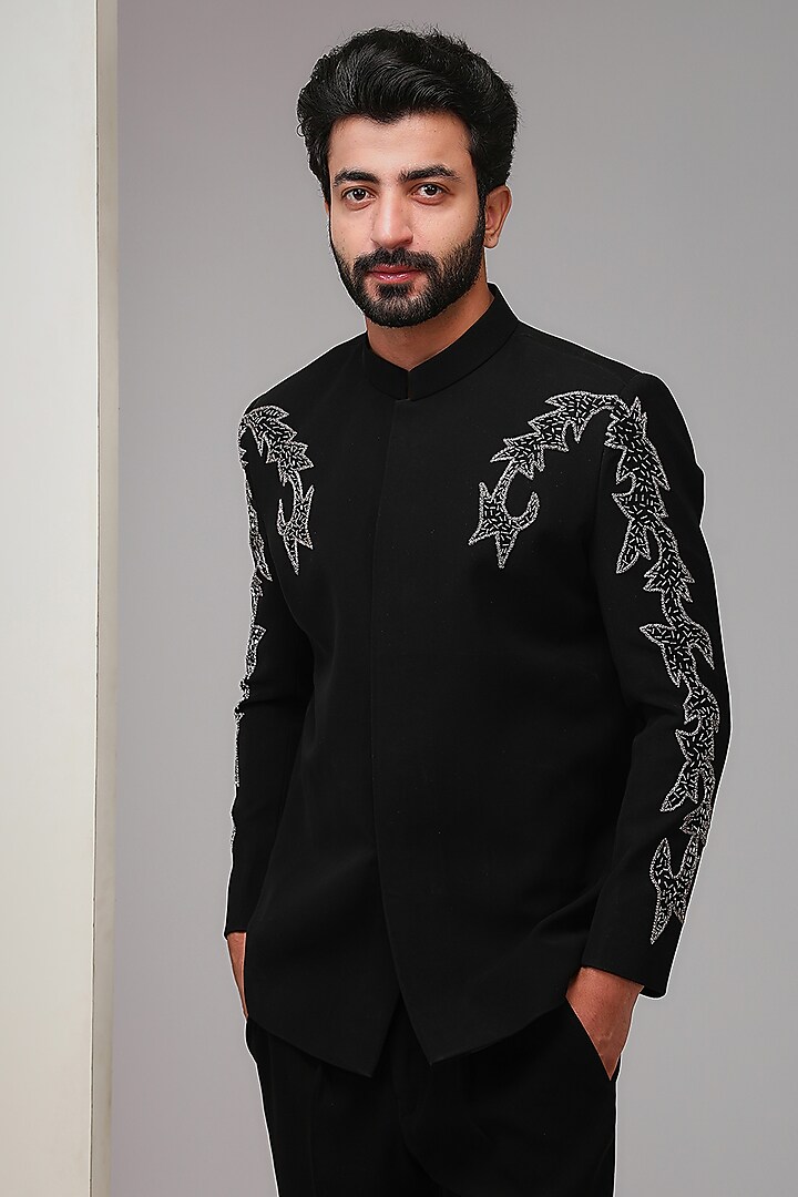 Black Poly Italian Fabric Cutdana Embroidered Bandhgala Set by SANJANA REDDY MEN at Pernia's Pop Up Shop