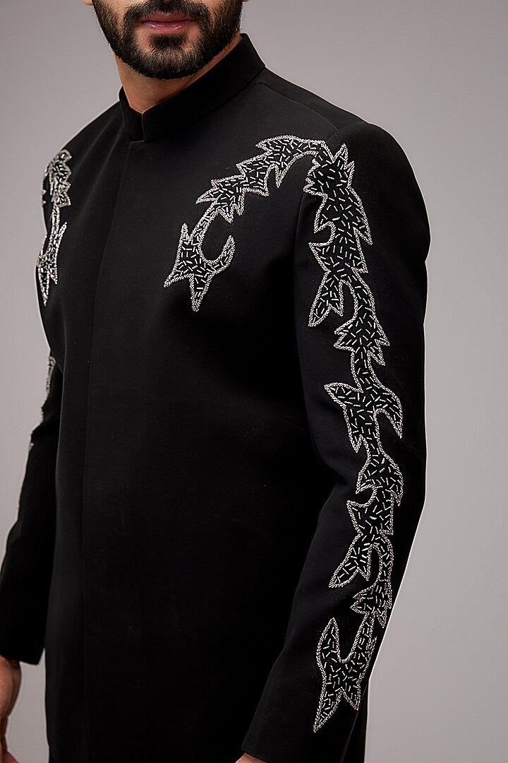 Black Poly Italian Fabric Cutdana Embroidered Bandhgala Set by SANJANA REDDY MEN at Pernia's Pop Up Shop
