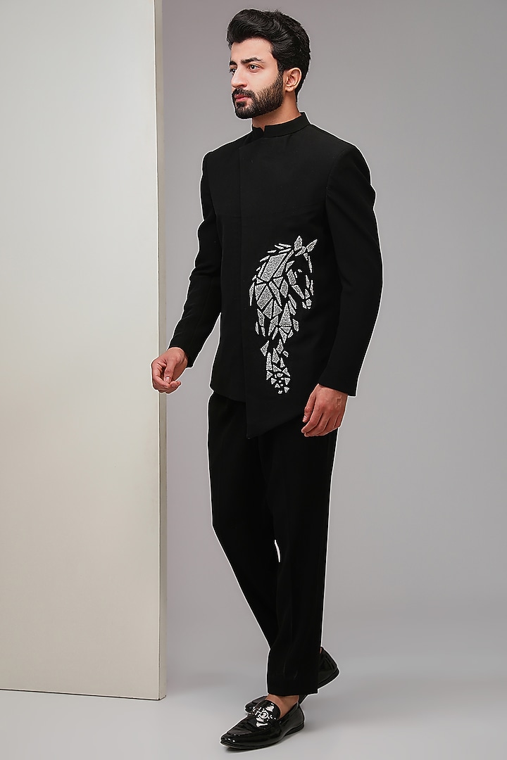 Black Poly Italian Fabric Cutdana Embroidered Bandhgala Set by SANJANA REDDY MEN at Pernia's Pop Up Shop