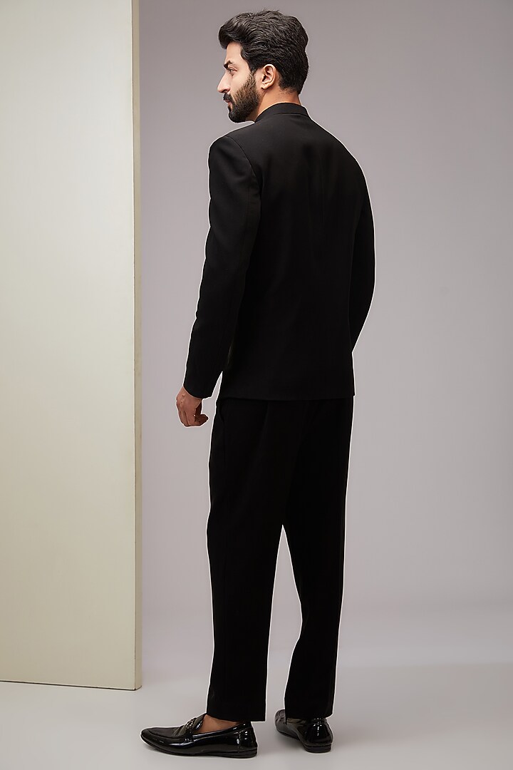 Black Poly Italian Fabric Cutdana Embroidered Bandhgala Set by SANJANA REDDY MEN at Pernia's Pop Up Shop