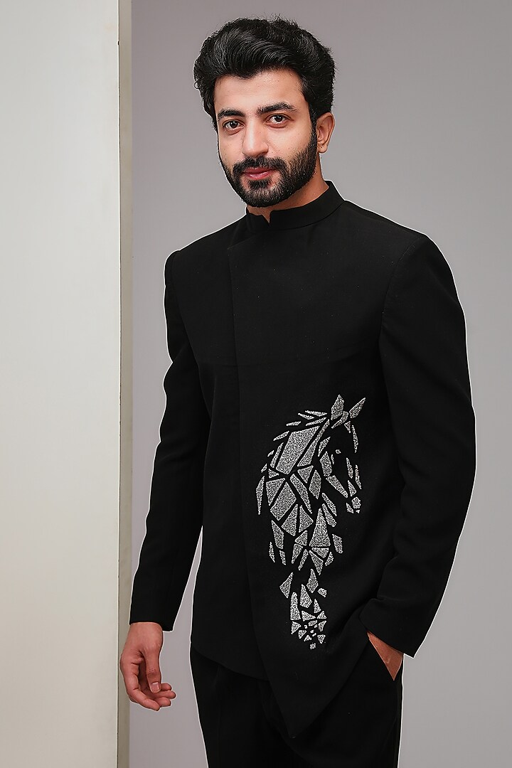Black Poly Italian Fabric Cutdana Embroidered Bandhgala Set by SANJANA REDDY MEN at Pernia's Pop Up Shop