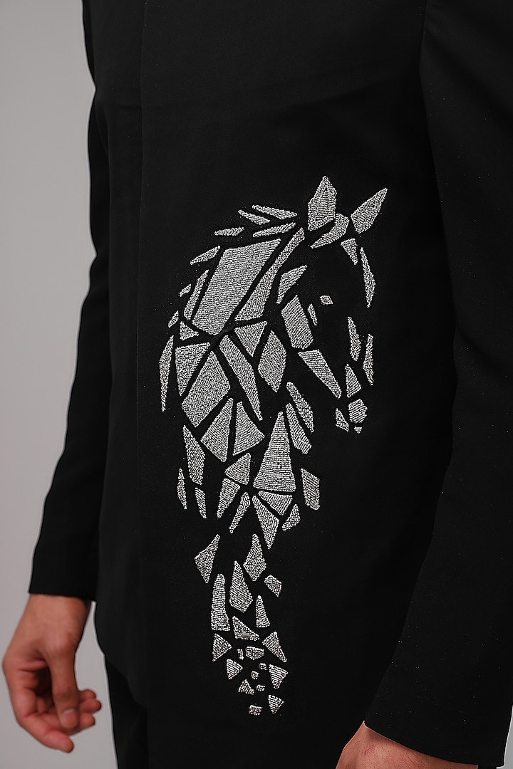 Black Poly Italian Fabric Cutdana Embroidered Bandhgala Set by SANJANA REDDY MEN at Pernia's Pop Up Shop
