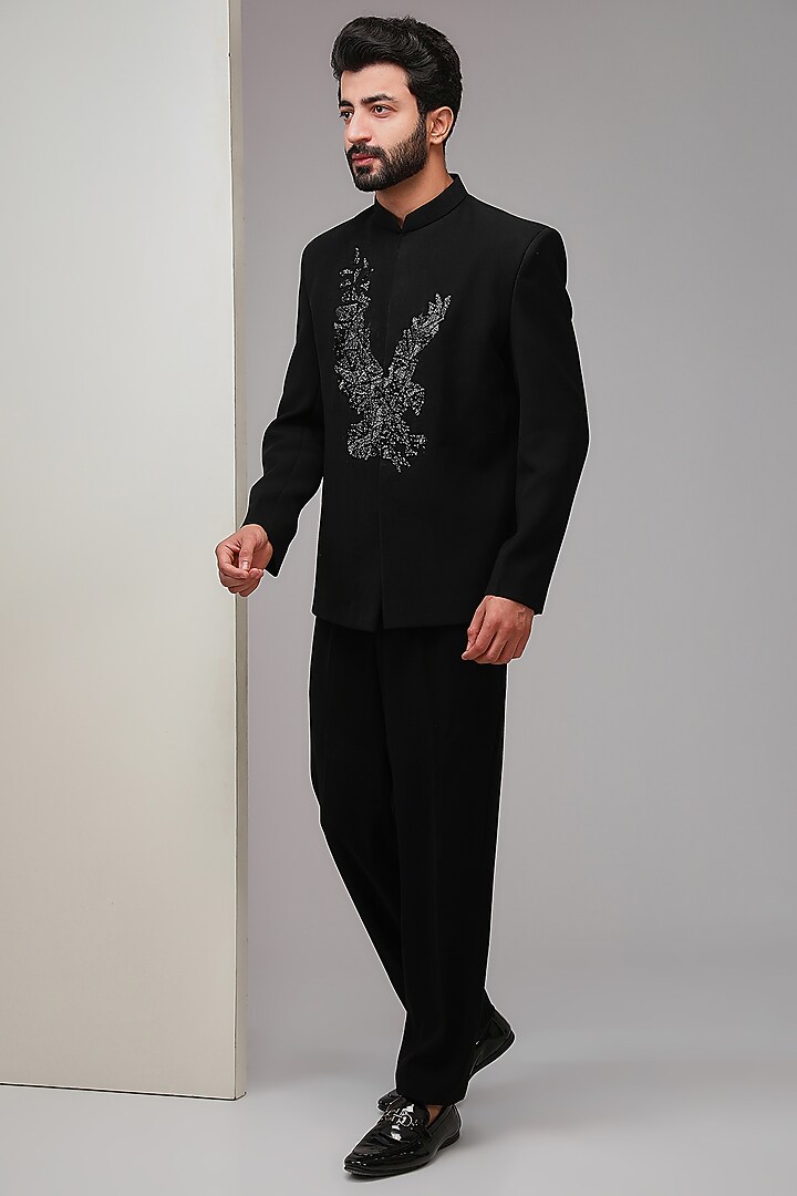 Black Poly Italian Fabric Cutdana Embroidered Bandhgala Set by SANJANA REDDY MEN at Pernia's Pop Up Shop